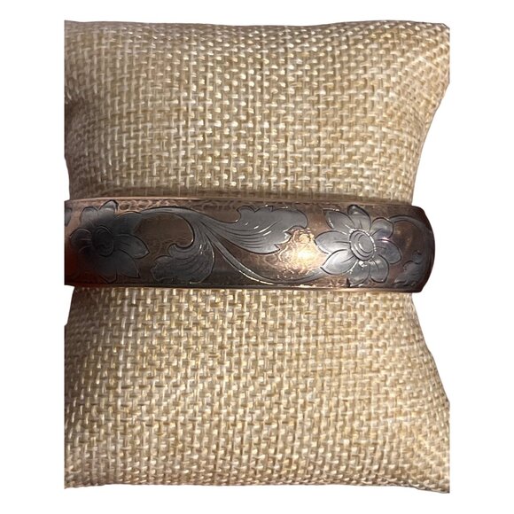 Vintage Copper Silver Tone Floral Engraved Clamper Bangle Bracelet Estate 7" - Picture 1 of 6